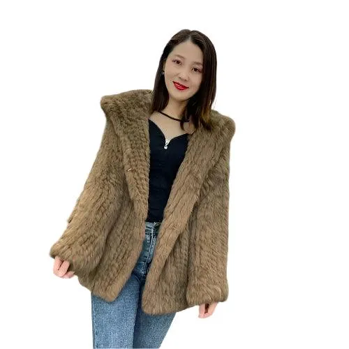 Luxurious Natural Rabbit Fur Hooded Coat – Soft, Warm & Elegant for Winter
