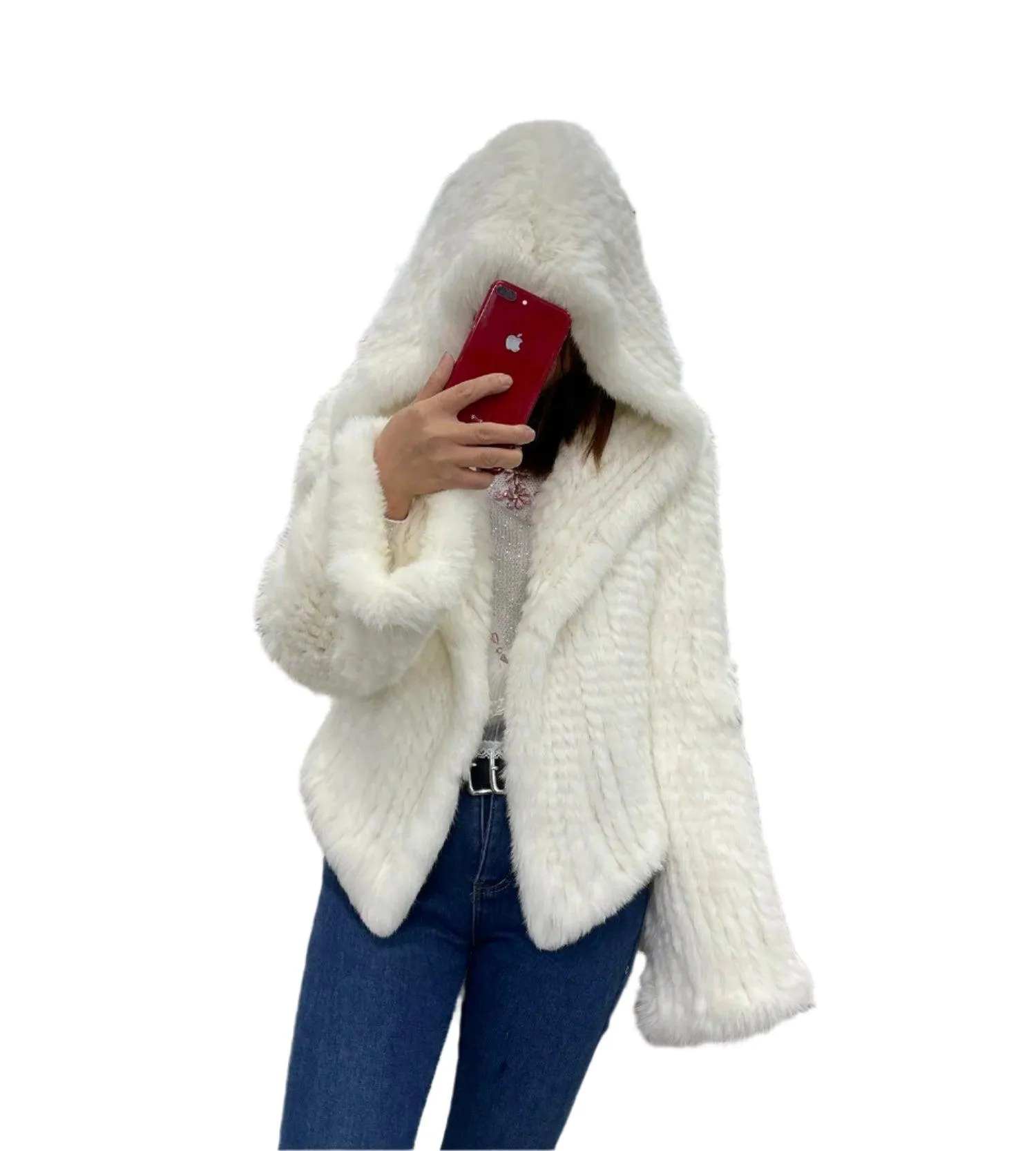 Luxurious Natural Rabbit Fur Hooded Coat – Soft, Warm & Elegant for Winter