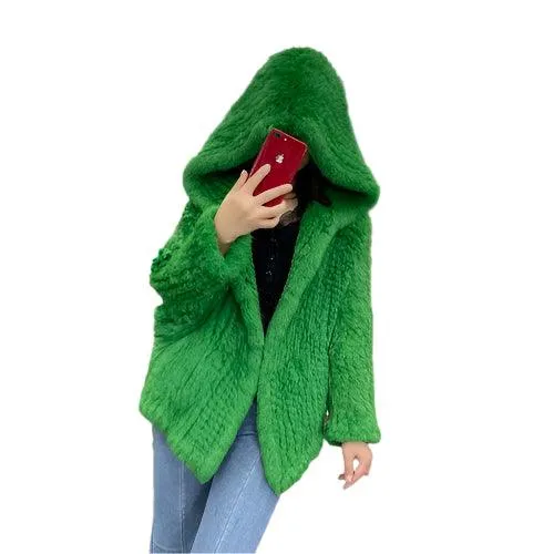 Luxurious Natural Rabbit Fur Hooded Coat – Soft, Warm & Elegant for Winter