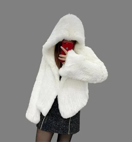 Luxurious Natural Rabbit Fur Hooded Coat – Soft, Warm & Elegant for Winter