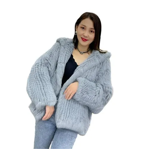 Luxurious Natural Rabbit Fur Hooded Coat – Soft, Warm & Elegant for Winter