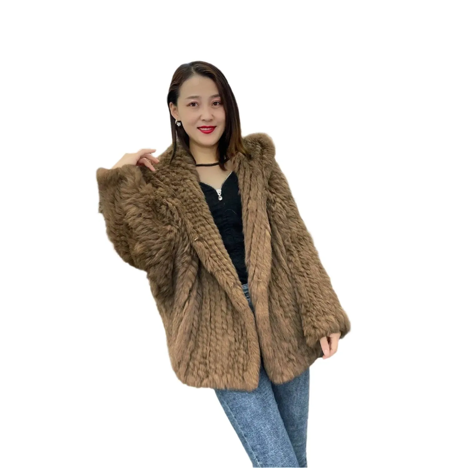 Luxurious Natural Rabbit Fur Hooded Coat – Soft, Warm & Elegant for Winter