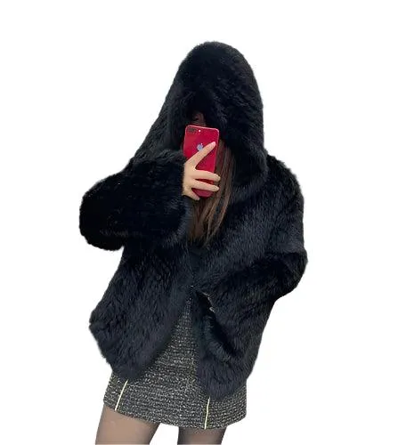 Luxurious Natural Rabbit Fur Hooded Coat – Soft, Warm & Elegant for Winter