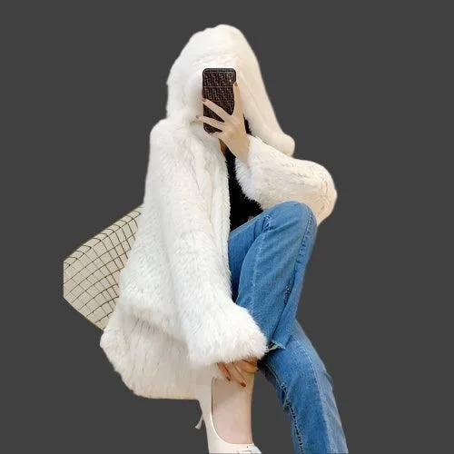 Luxurious Natural Rabbit Fur Hooded Coat – Soft, Warm & Elegant for Winter