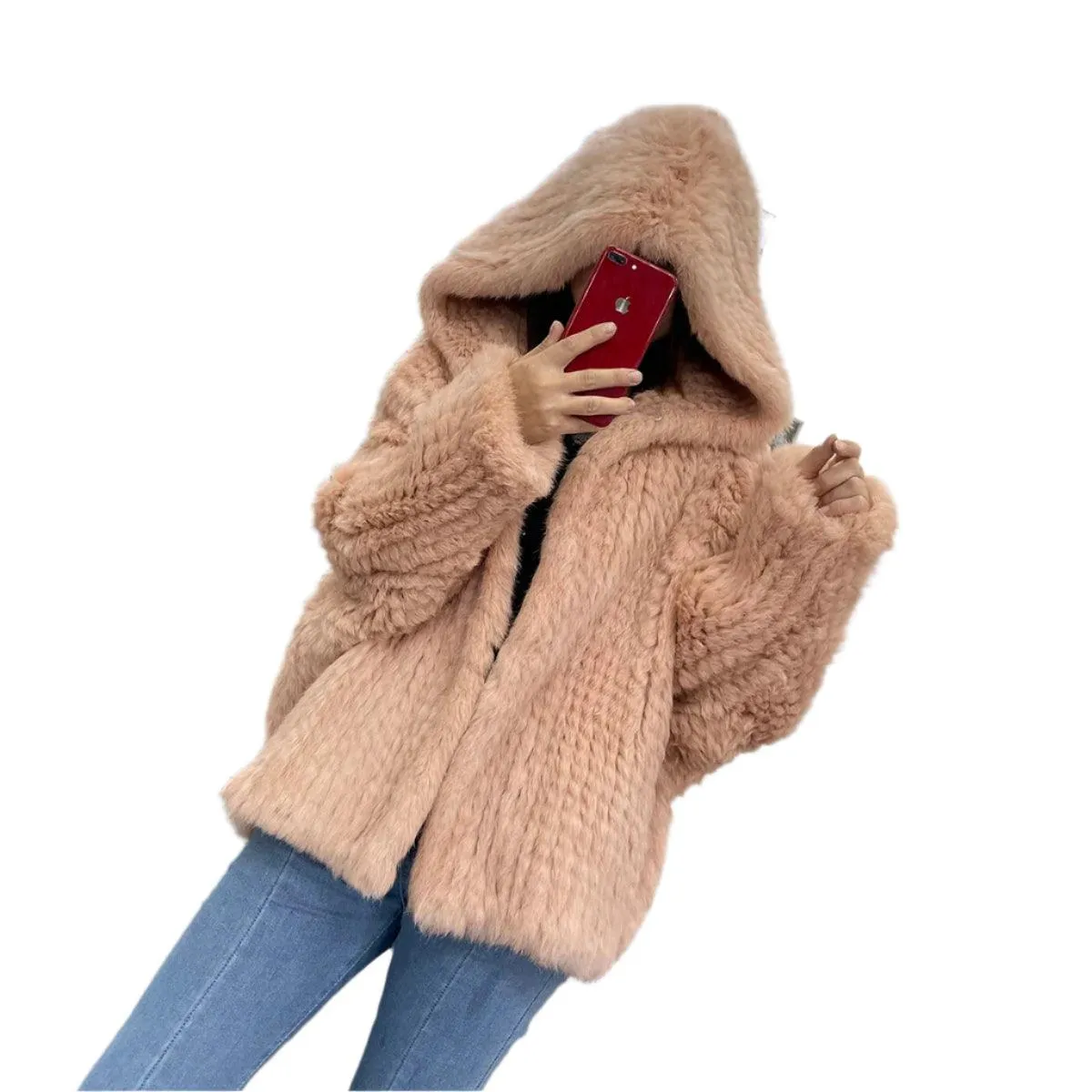 Luxurious Natural Rabbit Fur Hooded Coat – Soft, Warm & Elegant for Winter