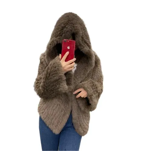 Luxurious Natural Rabbit Fur Hooded Coat – Soft, Warm & Elegant for Winter