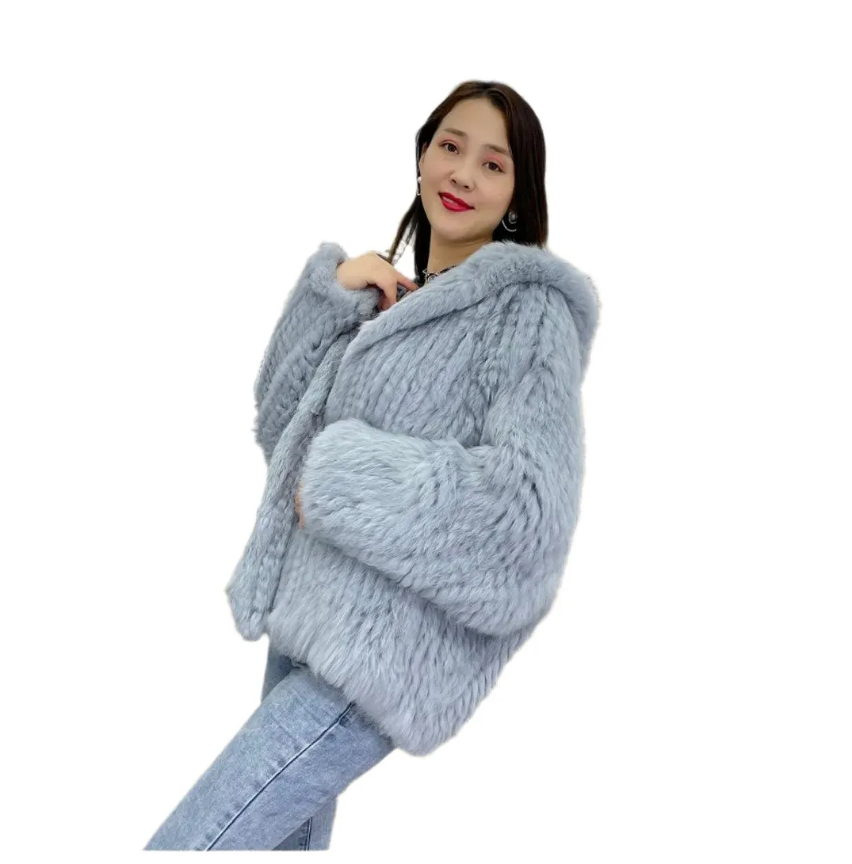 Luxurious Natural Rabbit Fur Hooded Coat – Soft, Warm & Elegant for Winter