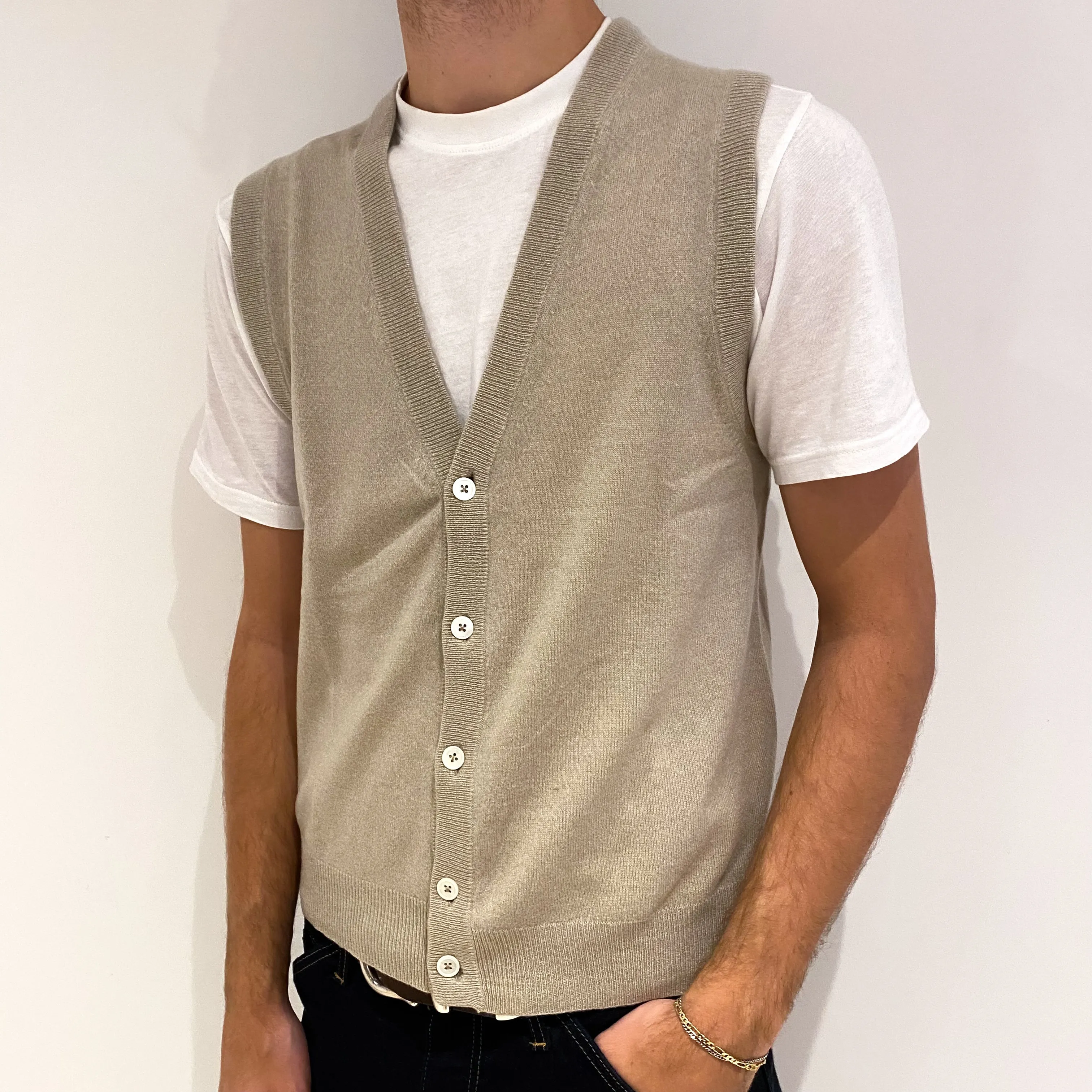 Men's Beige Cashmere V-Neck Gilet Medium