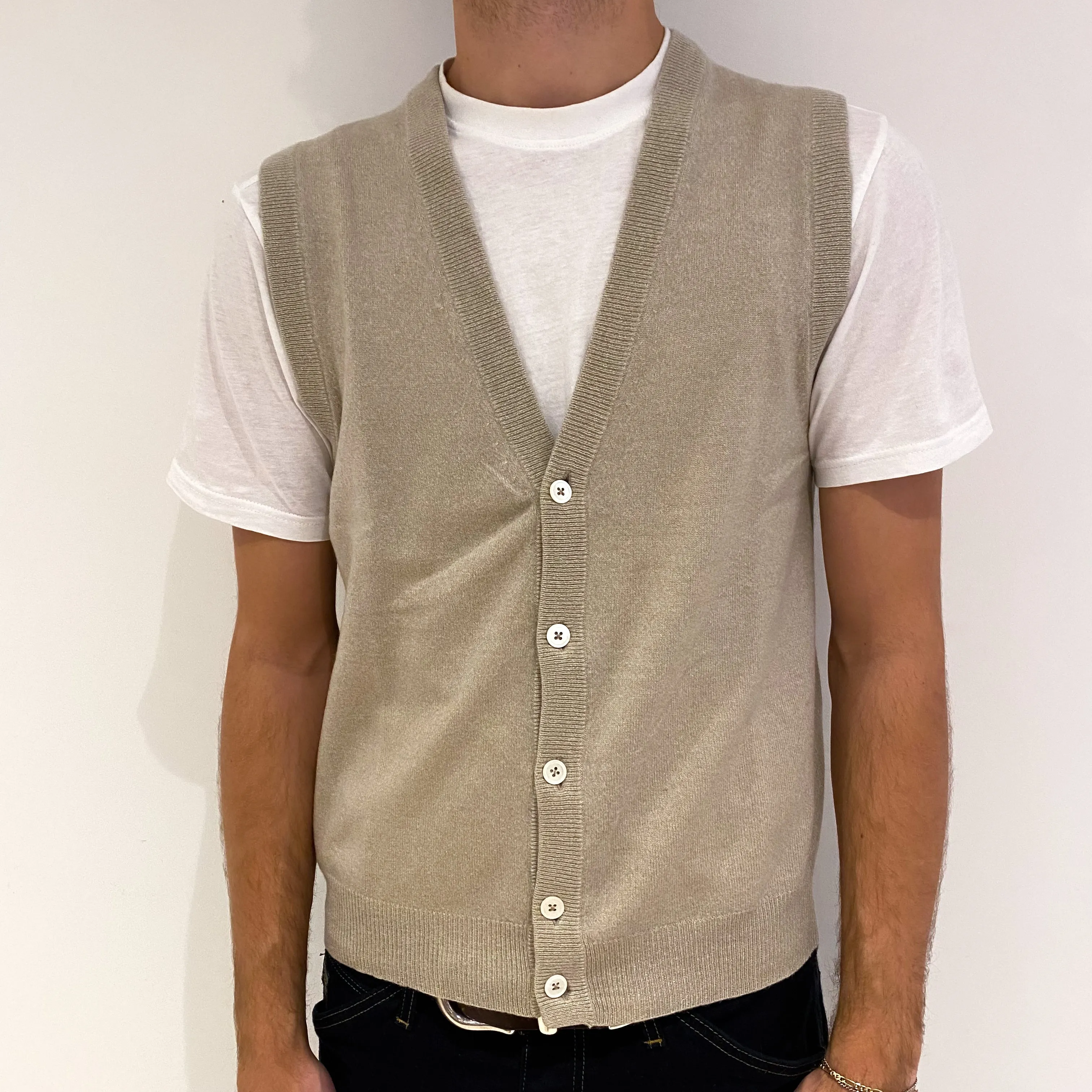 Men's Beige Cashmere V-Neck Gilet Medium