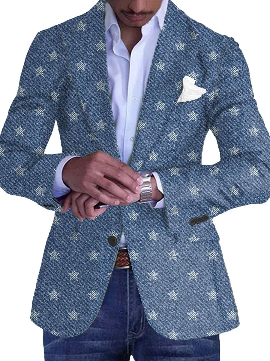 Men's Vintage Denim Star Print Single Breasted Casual Blazer