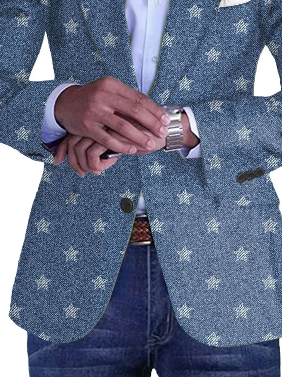Men's Vintage Denim Star Print Single Breasted Casual Blazer