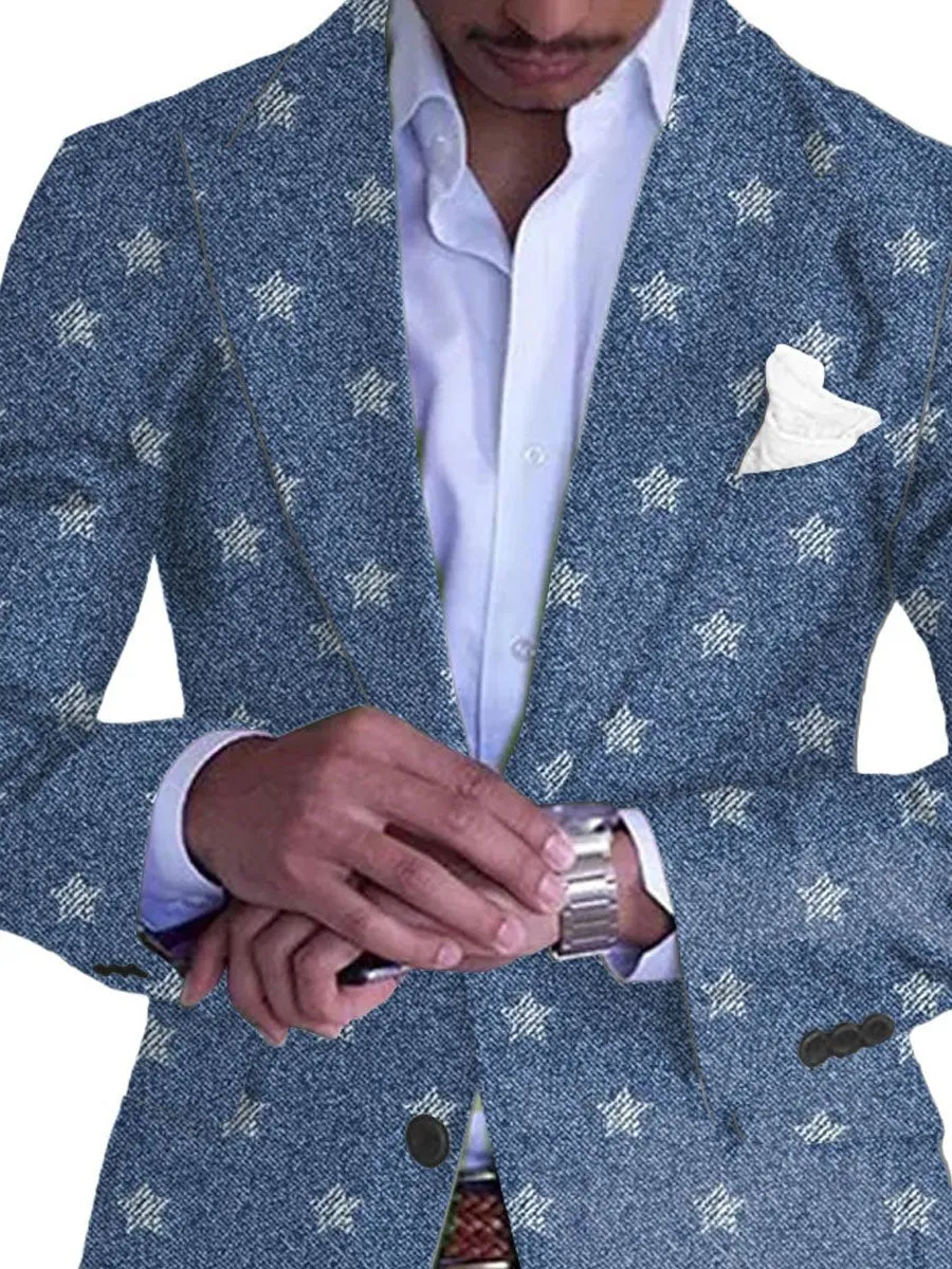 Men's Vintage Denim Star Print Single Breasted Casual Blazer