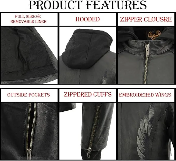 Milwaukee Leather Women's Lightweight Black Leather Jacket with Removable Hoodie - MLL2545