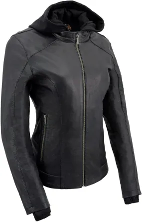 Milwaukee Leather Women's Lightweight Black Leather Jacket with Removable Hoodie - MLL2545