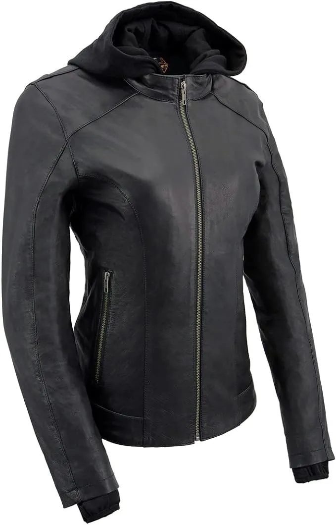 Milwaukee Leather Women's Lightweight Black Leather Jacket with Removable Hoodie - MLL2545