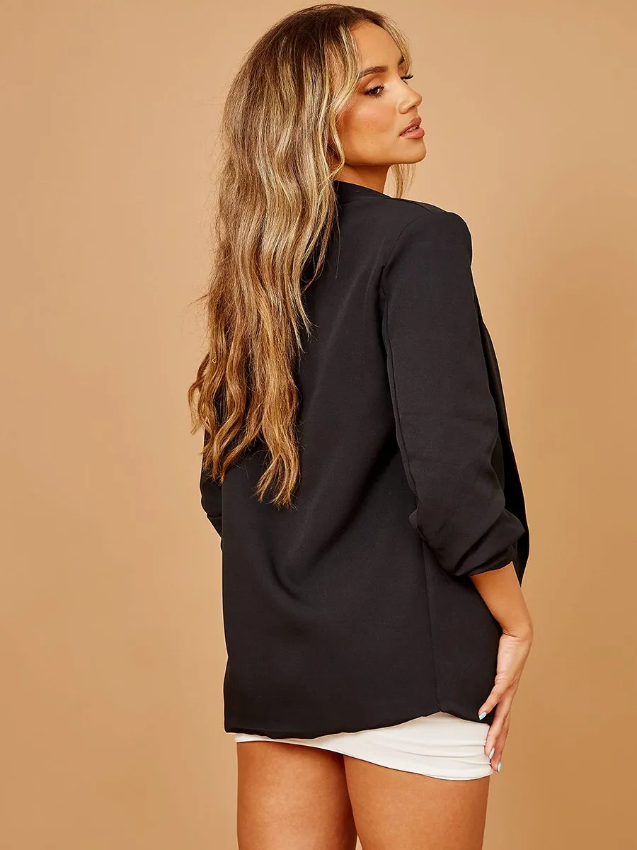 Nevea Plain Blazer With Ruched Sleeves In Black