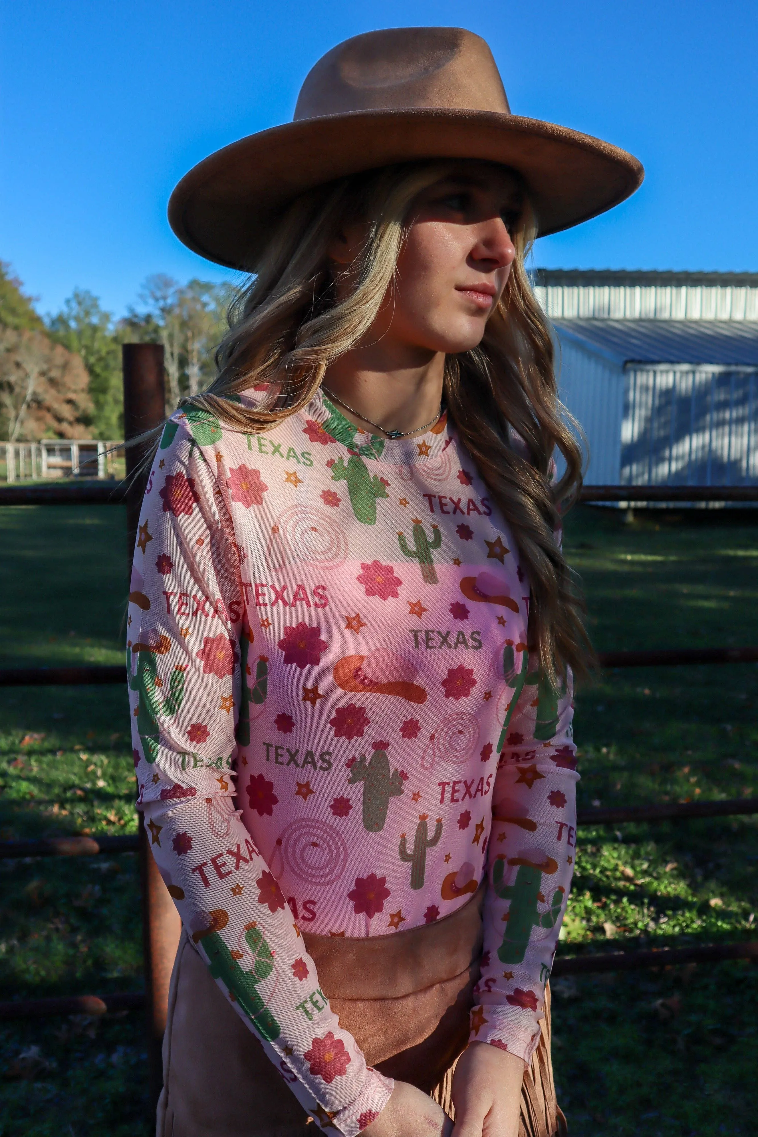 Pastel Texas Cactus Long Sleeve Mesh Top / Stuffology Boutique