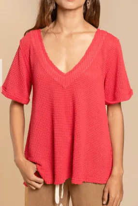 POL Short Sleeve waffle relaxed v neck top FKT354