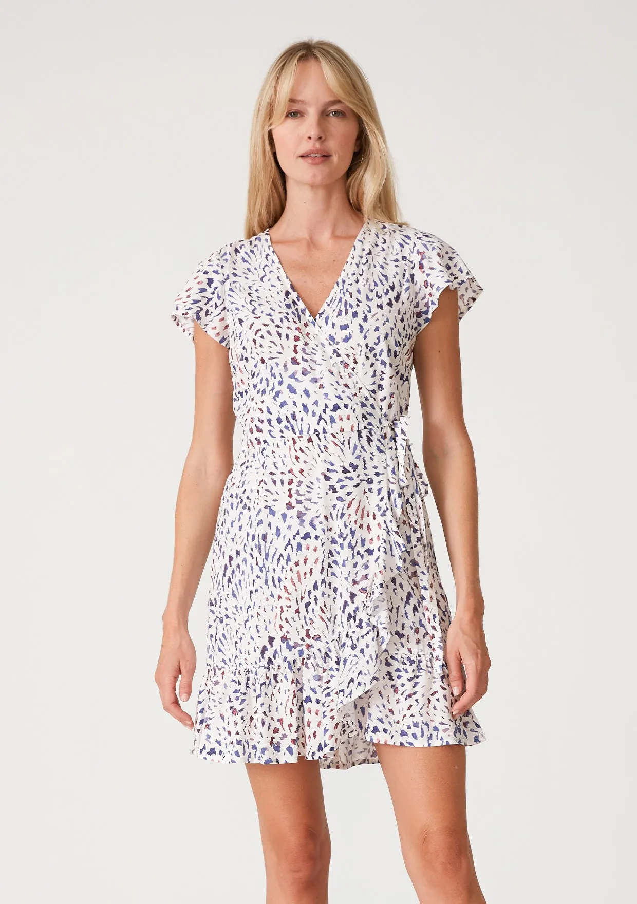 Printed Flutter Sleeve Ruffled Mini Wrap Dress
