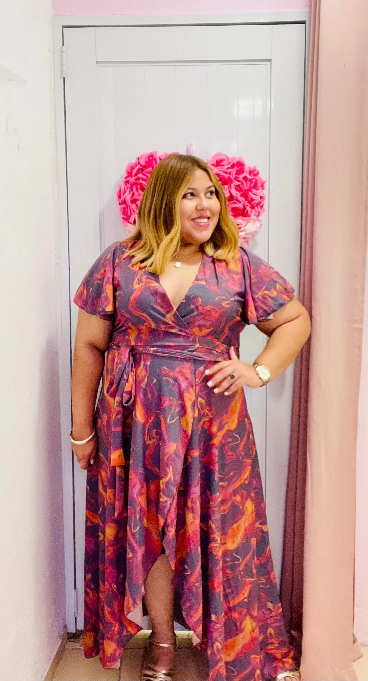Printed Wrap Around Dress with Cape Sleeves and Asymmetric Skirt