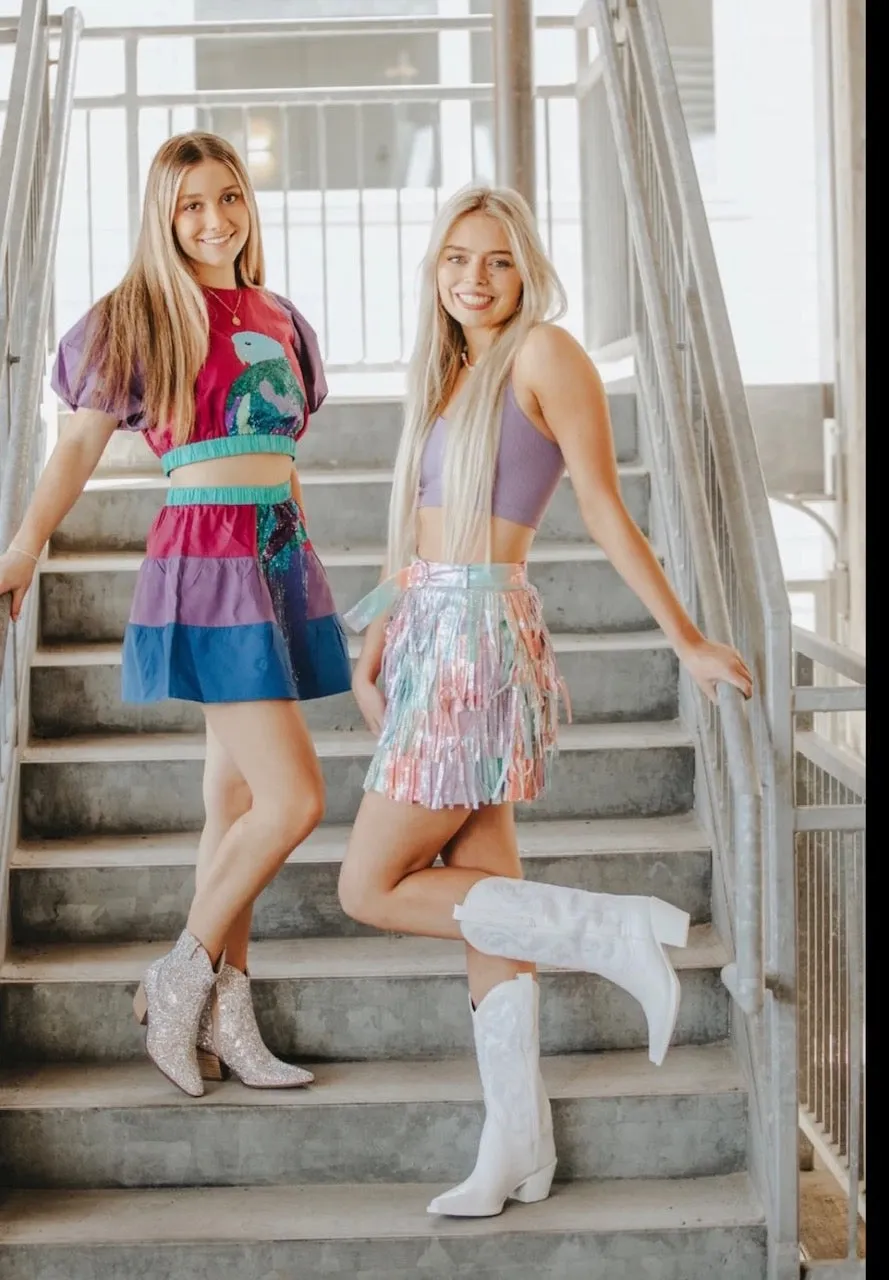 Queen of Sparkles Rainbow Leather Fringe Belt Skirt