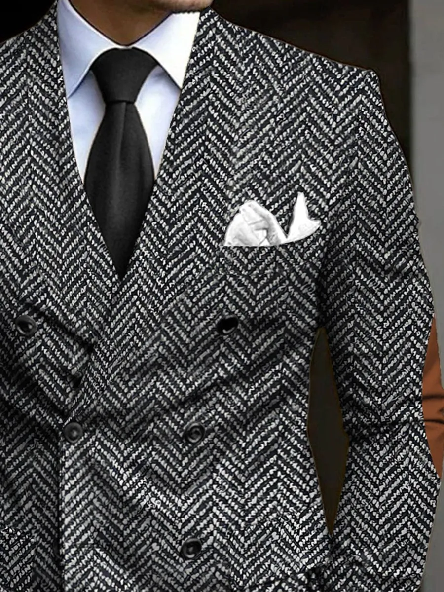 Retro Herringbone Print Double Breasted Blazer