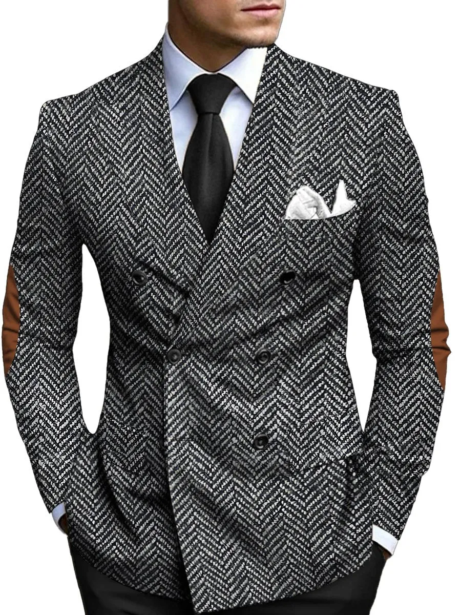 Retro Herringbone Print Double Breasted Blazer