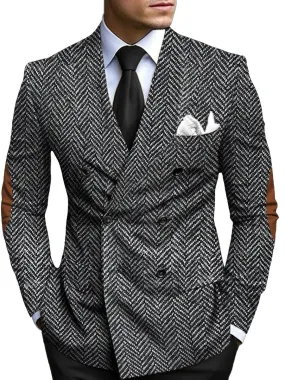 Retro Herringbone Print Double Breasted Blazer