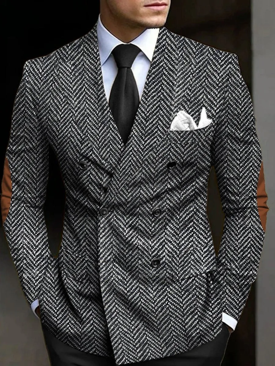 Retro Herringbone Print Double Breasted Blazer