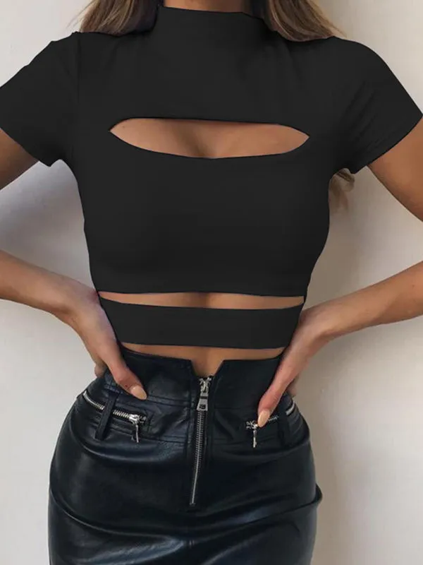 Round Collar Hollowed Short Sleeve T-shirt