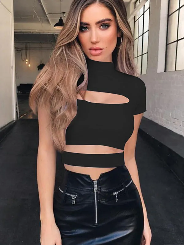 Round Collar Hollowed Short Sleeve T-shirt