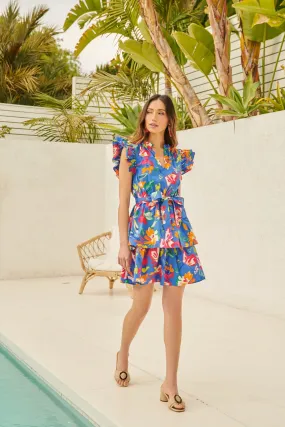 Royal Floral Ruffle Slv Tie Dress