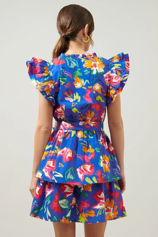 Royal Floral Ruffle Slv Tie Dress