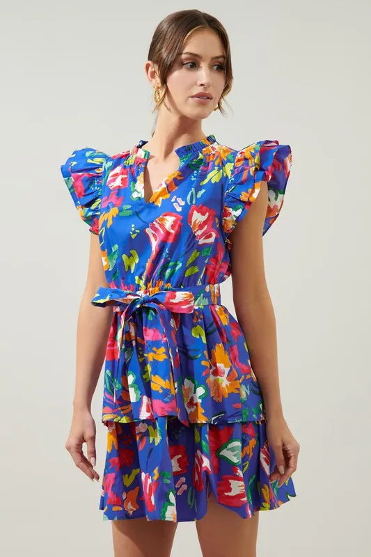 Royal Floral Ruffle Slv Tie Dress