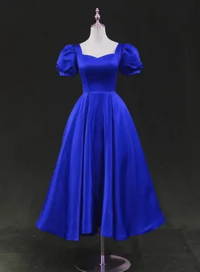 Satin Tea Length Wedding Party Dress, Blue Prom Homecoming Dress      fg5230