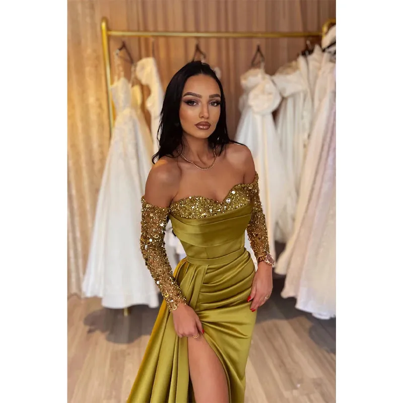 Sheath Sweetheart Long Sleeves Sequins Sparkly Prom Dress with Slit