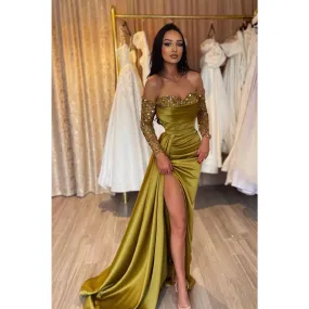 Sheath Sweetheart Long Sleeves Sequins Sparkly Prom Dress with Slit