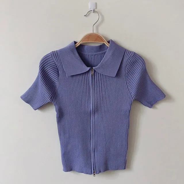 Short-Sleeve Collared Plain Zip Knit Top