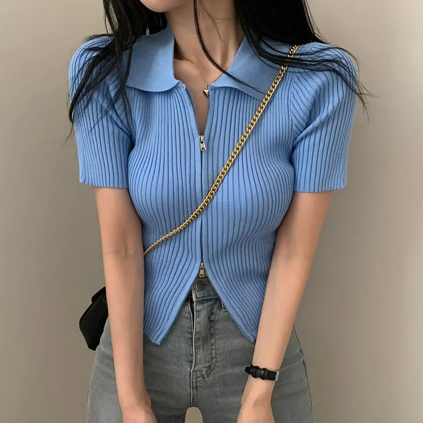 Short-Sleeve Collared Plain Zip Knit Top