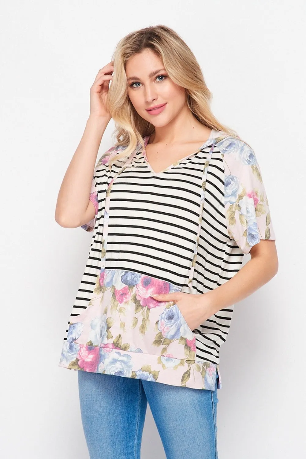 Short Sleeve Hoodie with Pouch Pink Olive