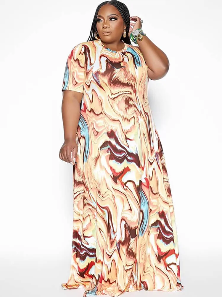 Short Sleeve Tie Dye Print Maxi Dresses