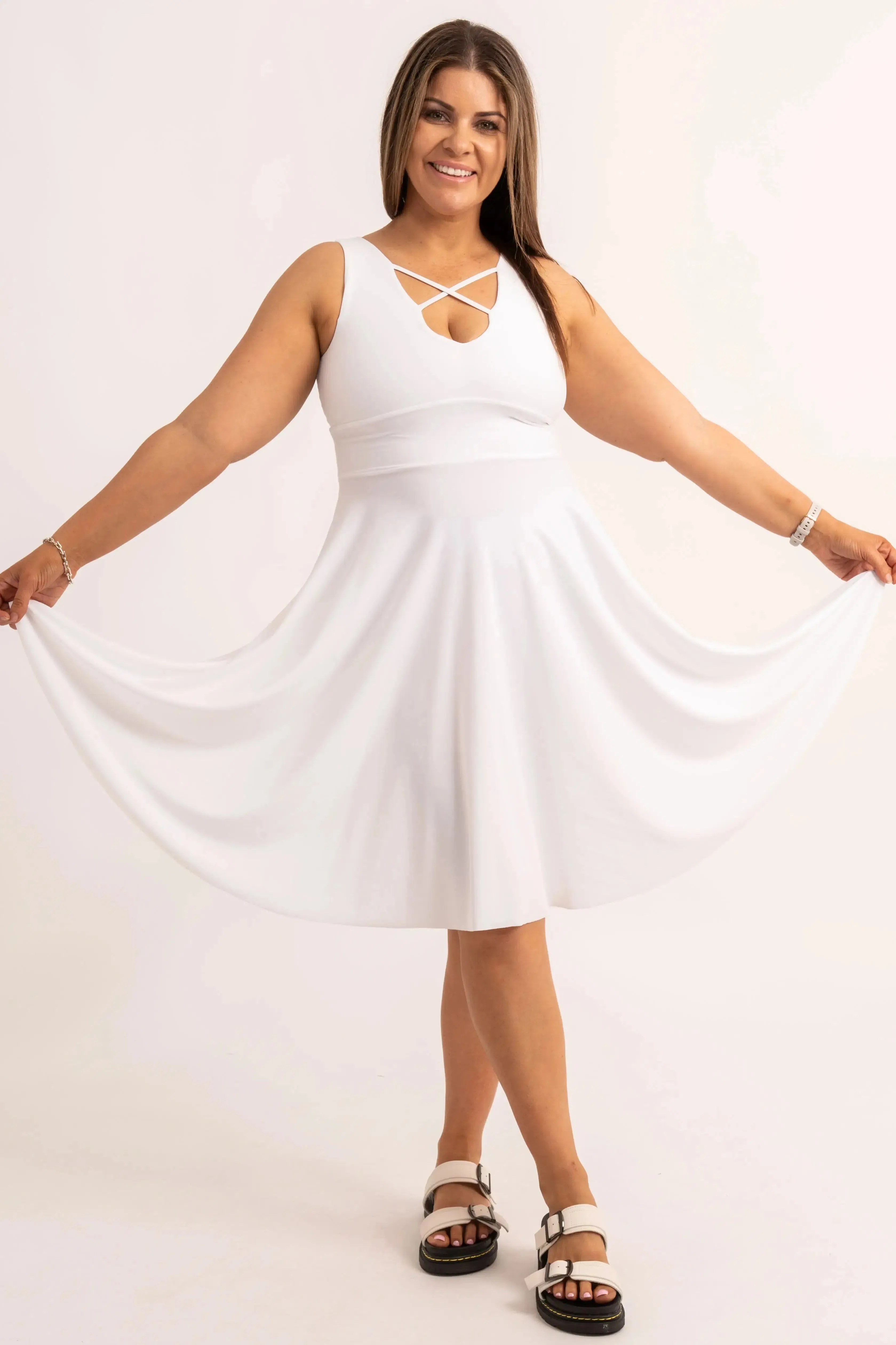 Silky Reversible Comfort Crop Midi Dress W/ Pockets - White