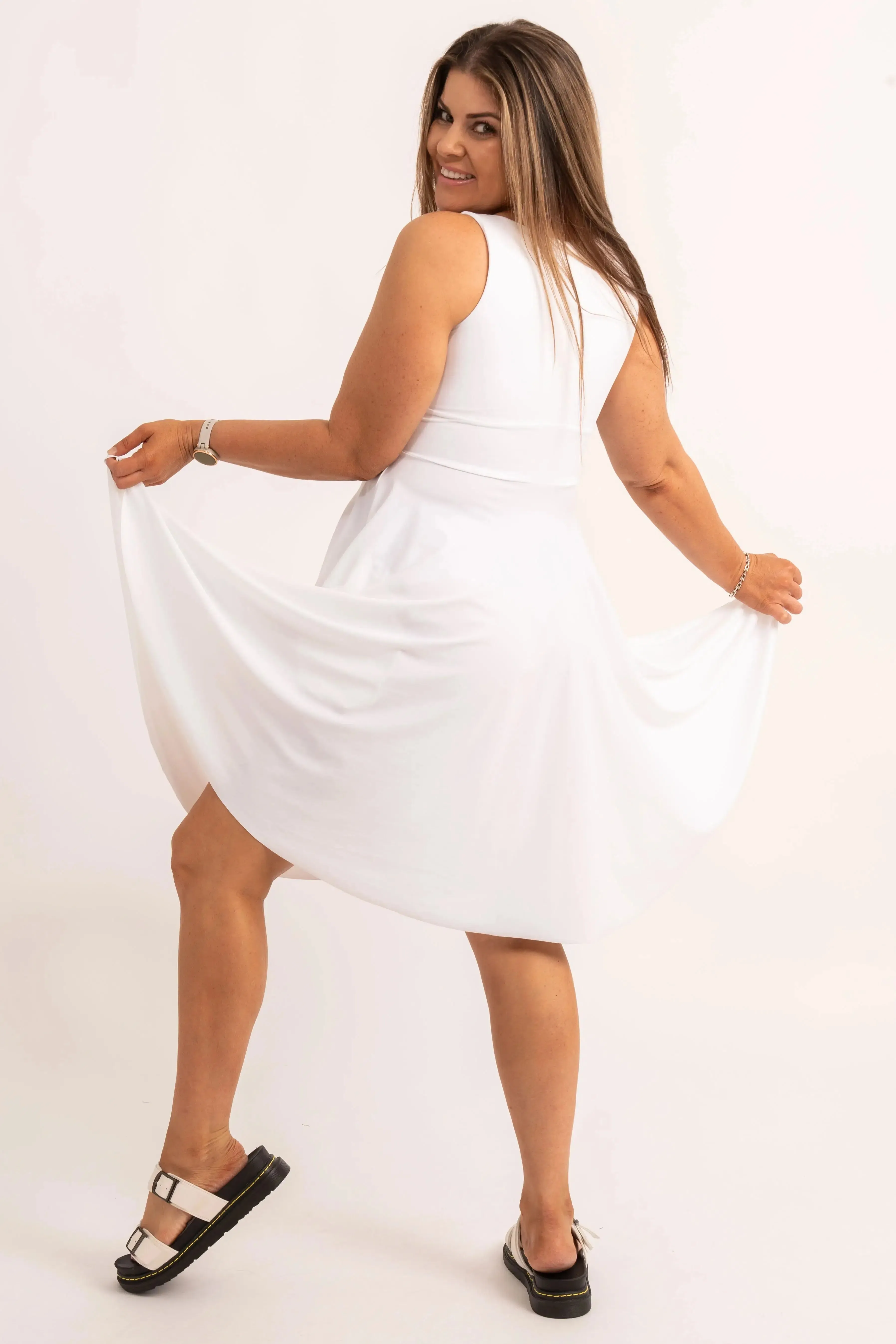 Silky Reversible Comfort Crop Midi Dress W/ Pockets - White