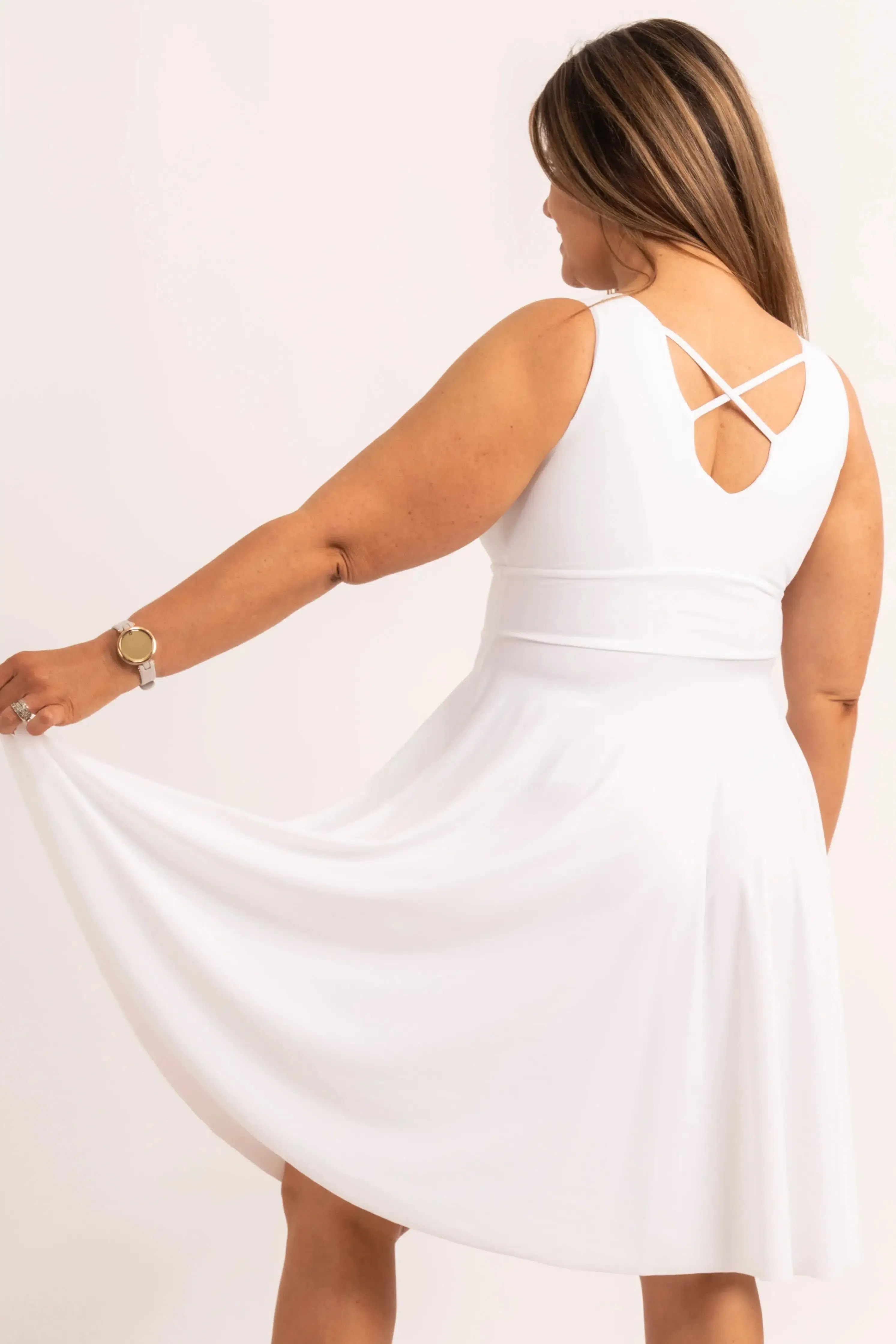 Silky Reversible Comfort Crop Midi Dress W/ Pockets - White