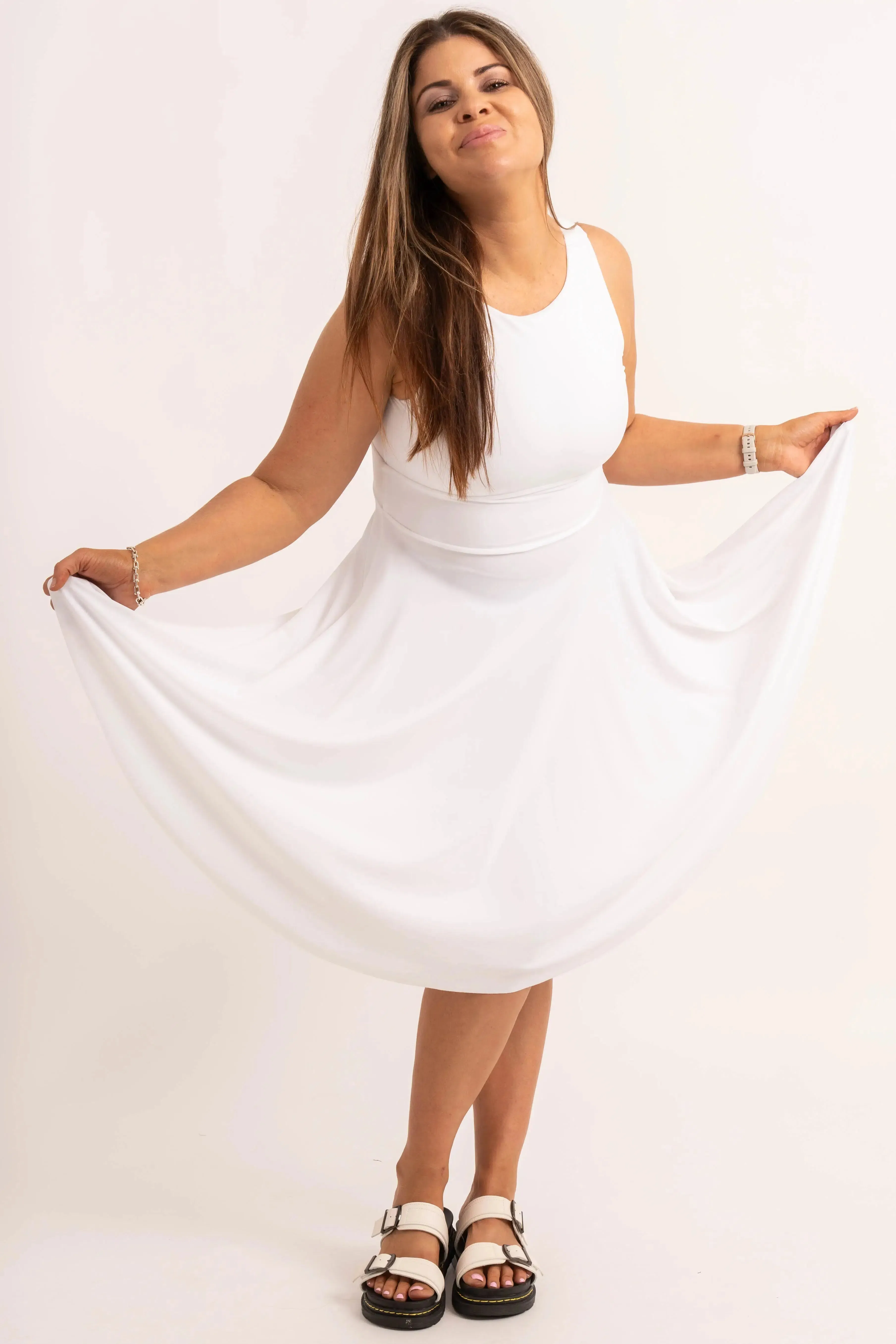 Silky Reversible Comfort Crop Midi Dress W/ Pockets - White