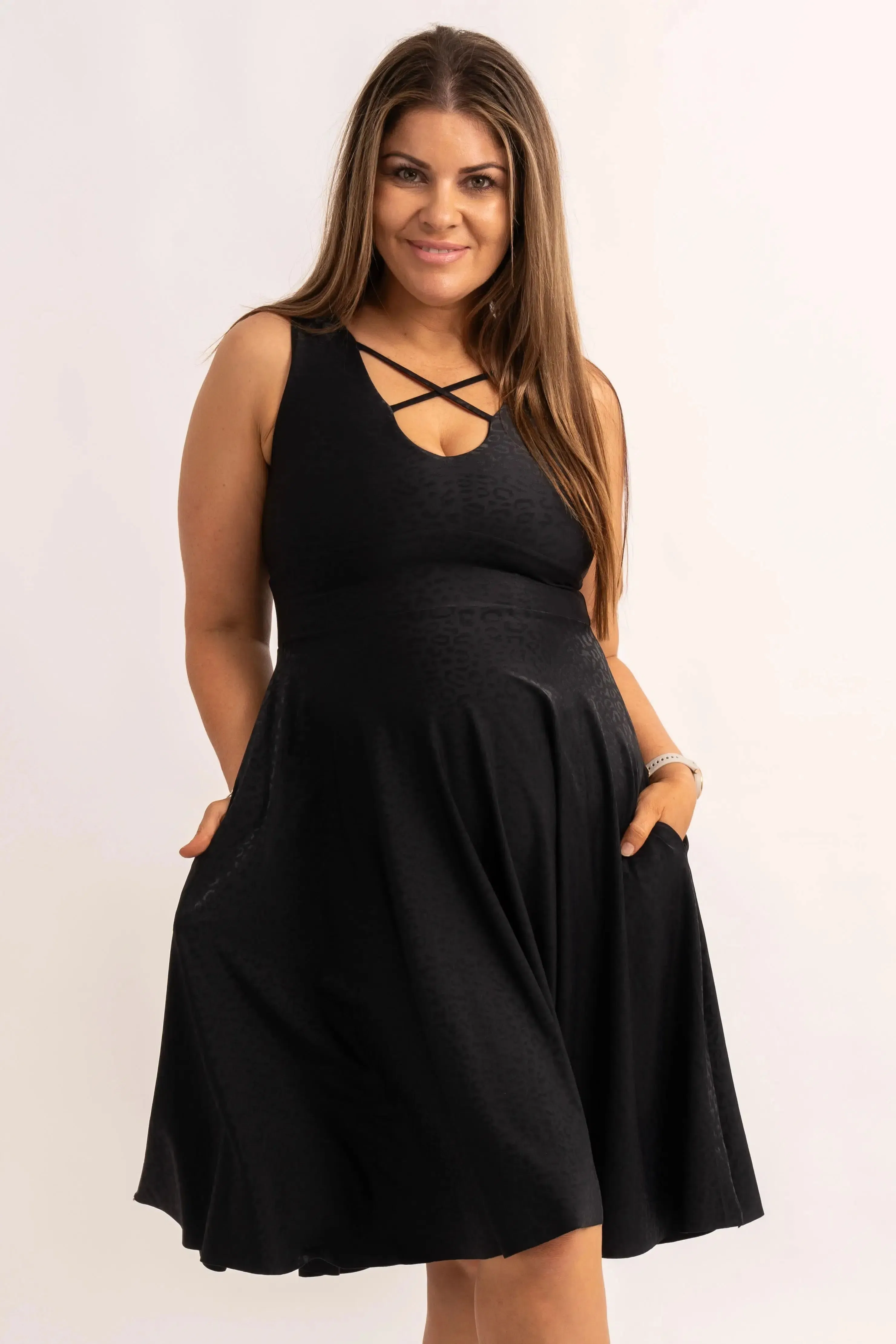 Silky Reversible Comfort Crop Midi Dress W/Pockets - Black Exotic Touch Jag