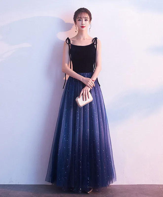 Simple Blue Tulle Long Prom Dress, Shiny Blue Evening Dress