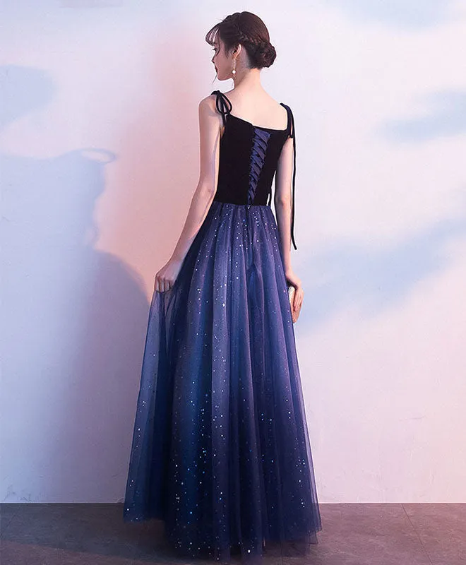Simple Blue Tulle Long Prom Dress, Shiny Blue Evening Dress