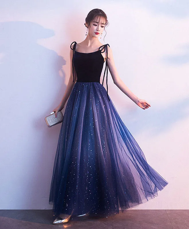 Simple Blue Tulle Long Prom Dress, Shiny Blue Evening Dress