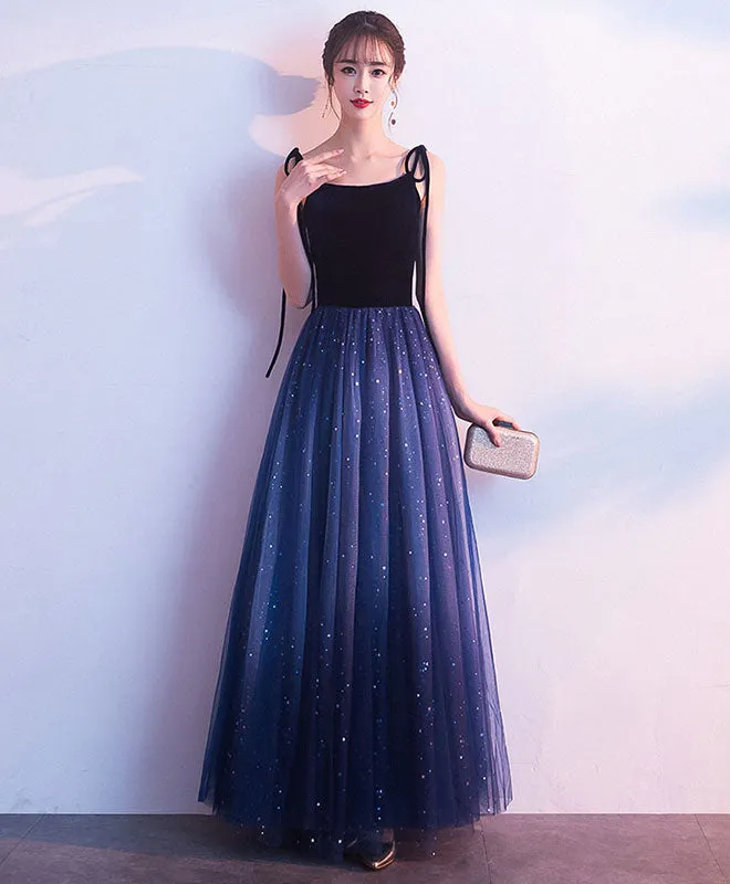 Simple Blue Tulle Long Prom Dress, Shiny Blue Evening Dress